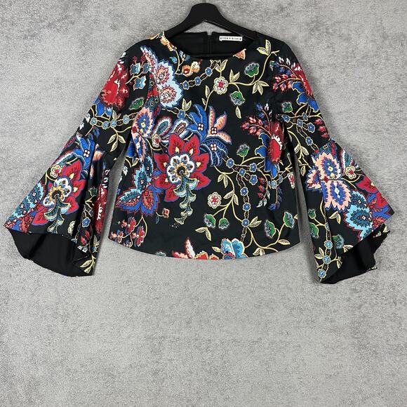 Alice + Olivia Tops - Alice + Olivia Womens Top 4 Black Floral Bell Sleeve Statement Luxe Retro Bold